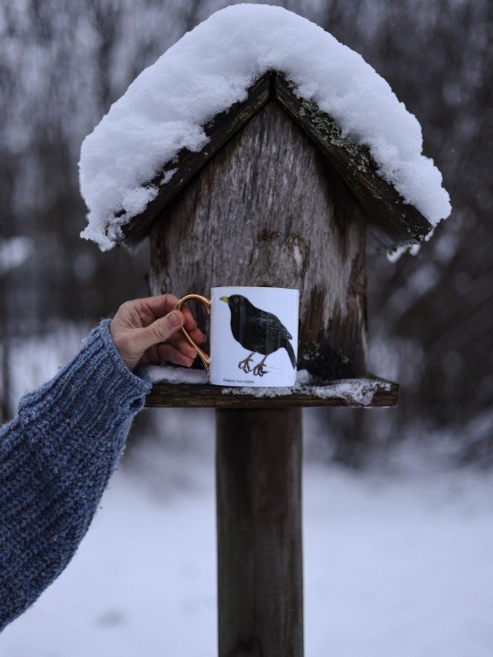 Pavāru mājas porcelāna krūze ar apzeltijumu- Melnais meža strazds