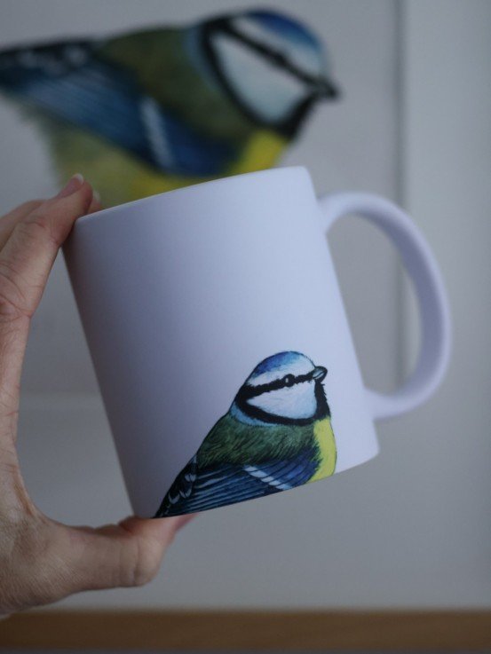 Matte Ceramic Mug with Blue Tit Illustration