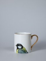 Porcelain mug featuring a detailed illustration of a great tit