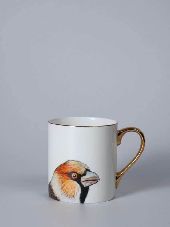 Porcelain mug featuring an illustration of a hawfinch